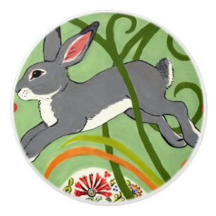 Grey Rabbit Green Vines Art Deco Drawer Pull Knob