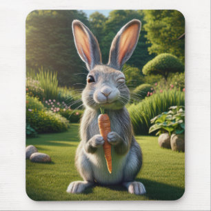Grey Rabbit Holding a Carrot Mouse Pad