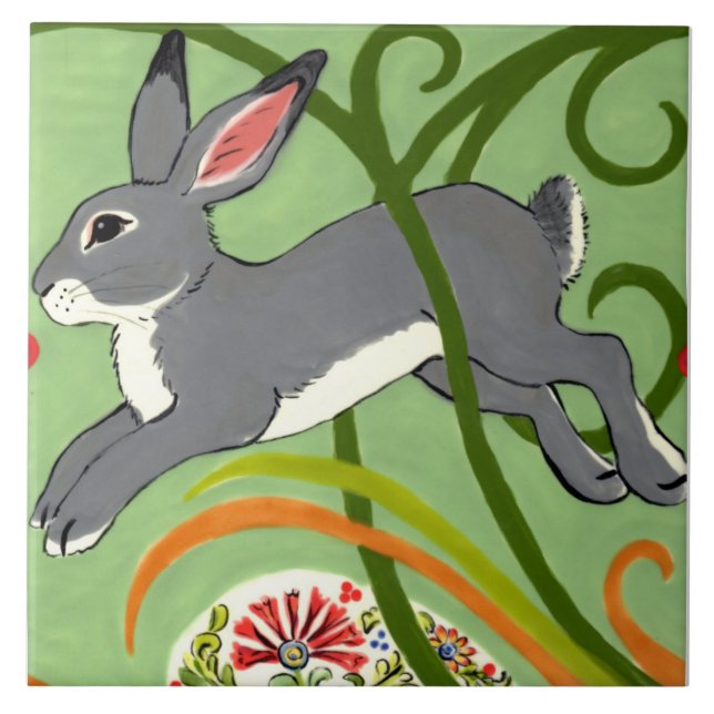 Grey Rabbit on Green Art Deco Designer Tile Trivet (Front)