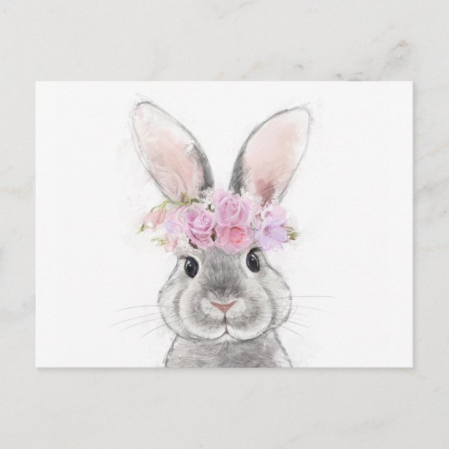 Grey Rabbit with Flower Crown Portrait Postcard (Front)