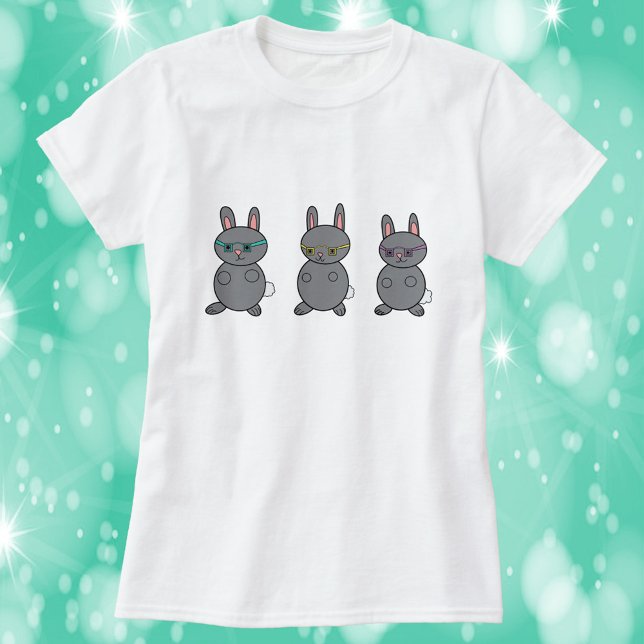 Grey Rabbits Wearing Glasses T-Shirt (A shirt with three gray bunny rabbits wearing glasses)