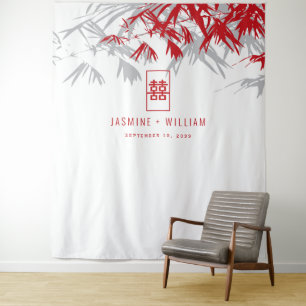 Grey & Red Bamboo Leaves Chinese Wedding Backdrop Tapestry