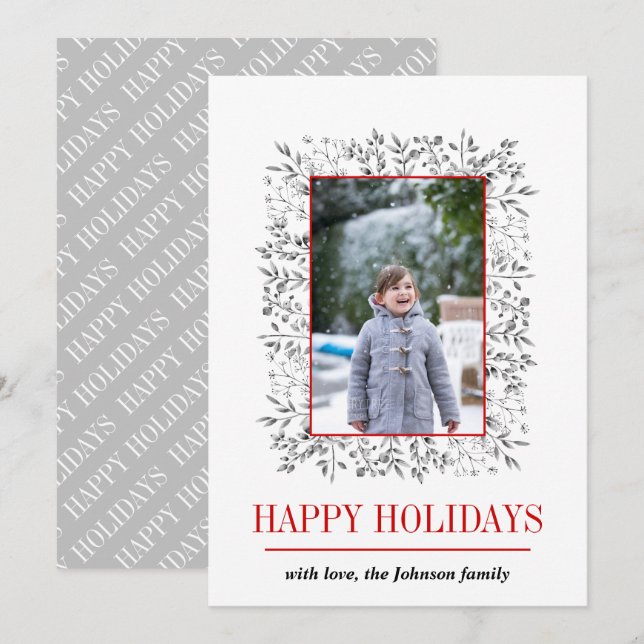 Grey red Berry leaf Happy Holidays Christmas photo Holiday Card (Front/Back)