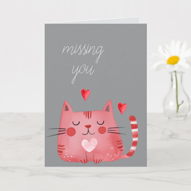 Grey Red Cat Hearts Missing You  Card (Small Plant)