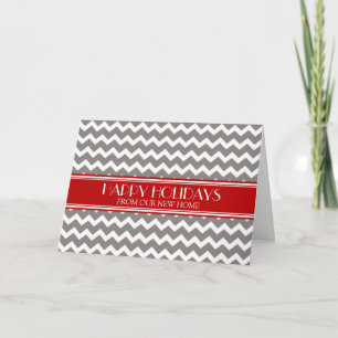 Grey Red Chevron Christmas New Address Holiday Card