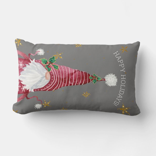 Grey Red Christmas Gnome Watercolor Holly Star Lumbar Cushion (Front)