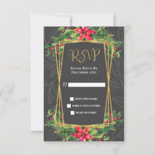 Grey Red Gold Poinsettias Christmas RSVP Card