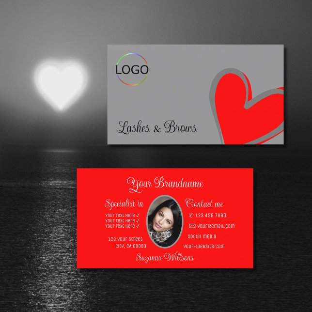 Grey Red Gorgeous Heart with Logo and Photo Cute Business Card (Creator Uploaded)