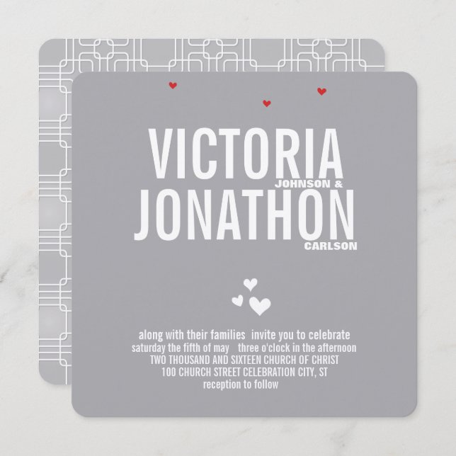 Grey Red Heart Modern Typography Wedding Invitation (Front/Back)