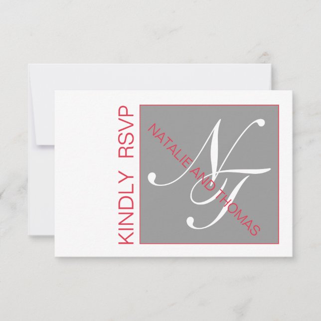 GREY RED INITIALS INTERTWINED WEDDING RSVP CARD (Front)