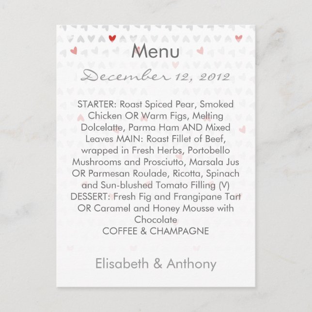 grey & red little hearts wedding menu postcard (Front)