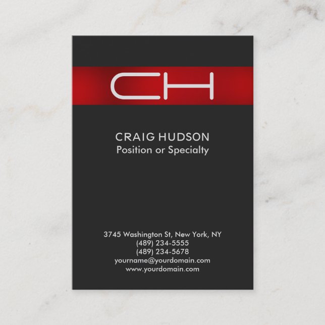 Grey Red Monogram Professional Business Card (Front)