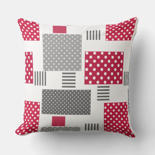 Grey red polka dot patchwork on white background cushion (Front)
