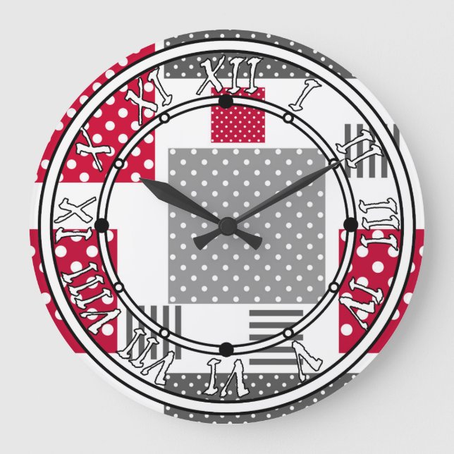 Grey red polka dot patchwork on white background large clock (Front)