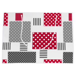 Grey red polka dot patchwork on white background large gift bag