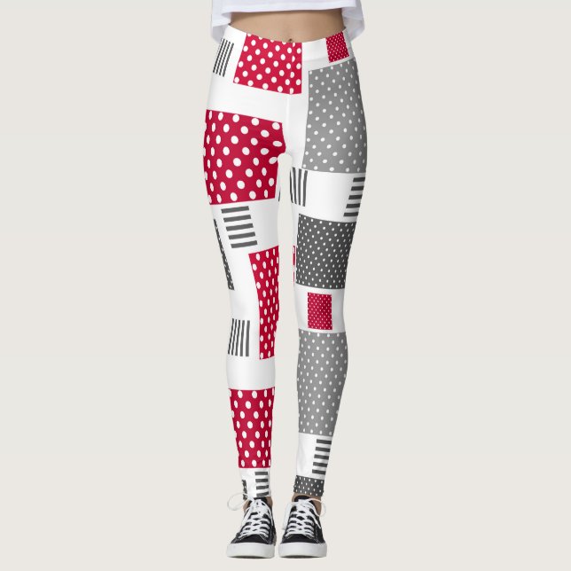 Grey red polka dot patchwork on white background leggings (Front)