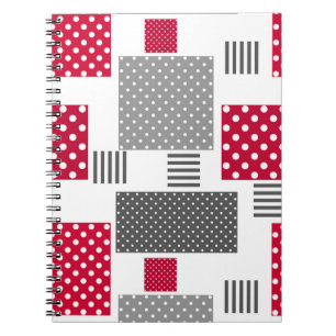 Grey red polka dot patchwork on white background notebook