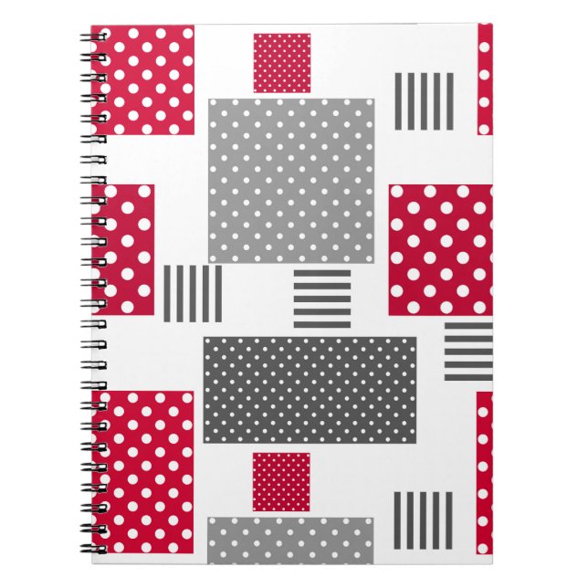 Grey red polka dot patchwork on white background notebook (Front)
