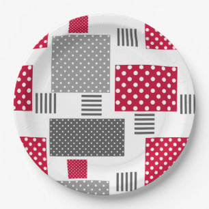 Grey red polka dot patchwork on white background paper plate