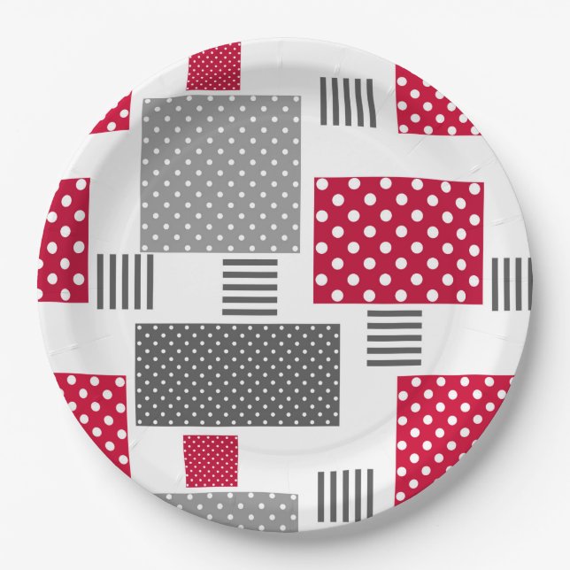 Grey red polka dot patchwork on white background paper plate (Front)