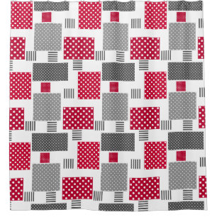 Grey red polka dot patchwork on white background shower curtain