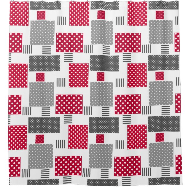 Grey red polka dot patchwork on white background shower curtain (Front)