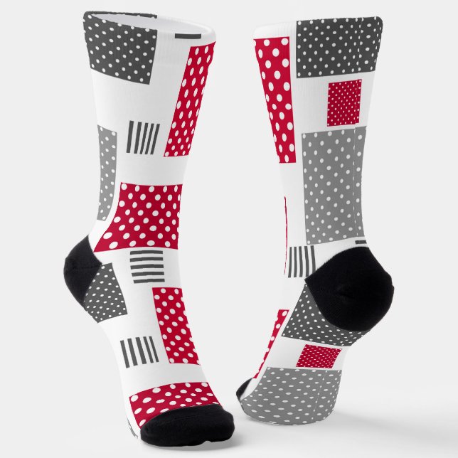 Grey red polka dot patchwork on white background socks (Angled)