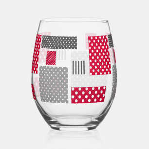 Grey red polka dot patchwork on white background stemless wine glass