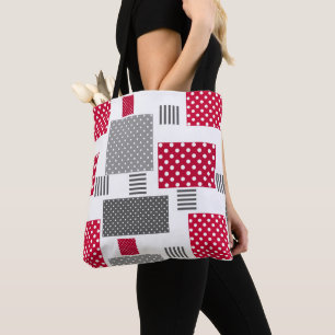 Grey red polka dot patchwork on white background tote bag