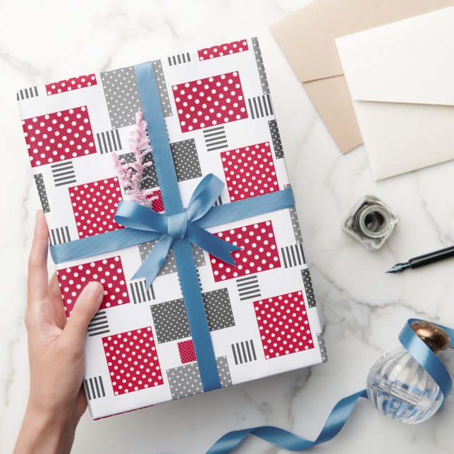 Grey red polka dot patchwork on white background wrapping paper (Gifting)