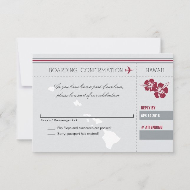 Grey Red RSVP Boarding Pass TO HAWAII Card (Front)