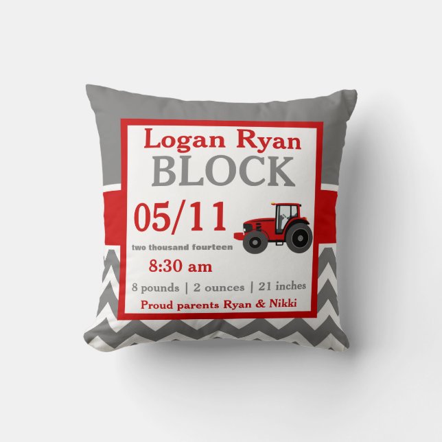 Grey Red Tractor Baby Announcement Pillow (Front)