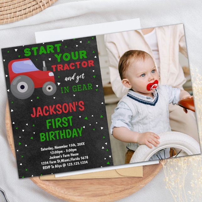 Grey Red Tractor Birthday Invitations with photo (Gray Red Tractor Birthday Invitations with photo)