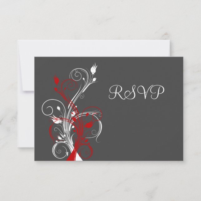 Grey, Red, White Floral RSVP Card (Front)