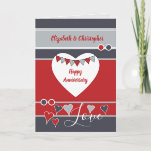 Grey red with hearts and bunting anniversary card