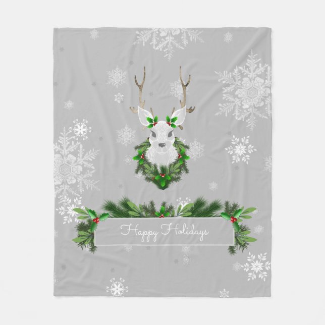 Grey Reindeer Fleece Blanket (Front)