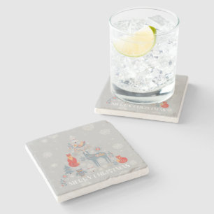 Grey Reindeer Scandinavian Snowflake Tree Animal Stone Coaster