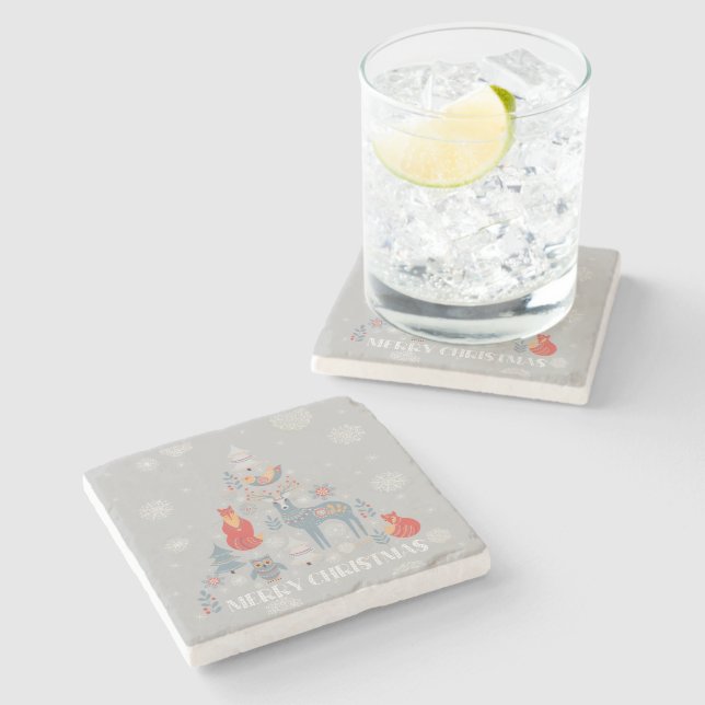 Grey Reindeer Scandinavian Snowflake Tree Animal Stone Coaster (Side)