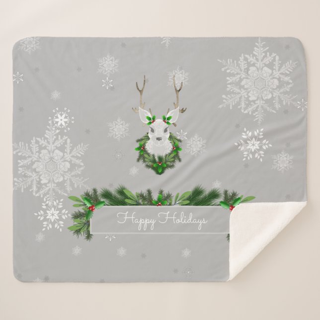 Grey Reindeer Sherpa Blanket (Front (Horizontal))
