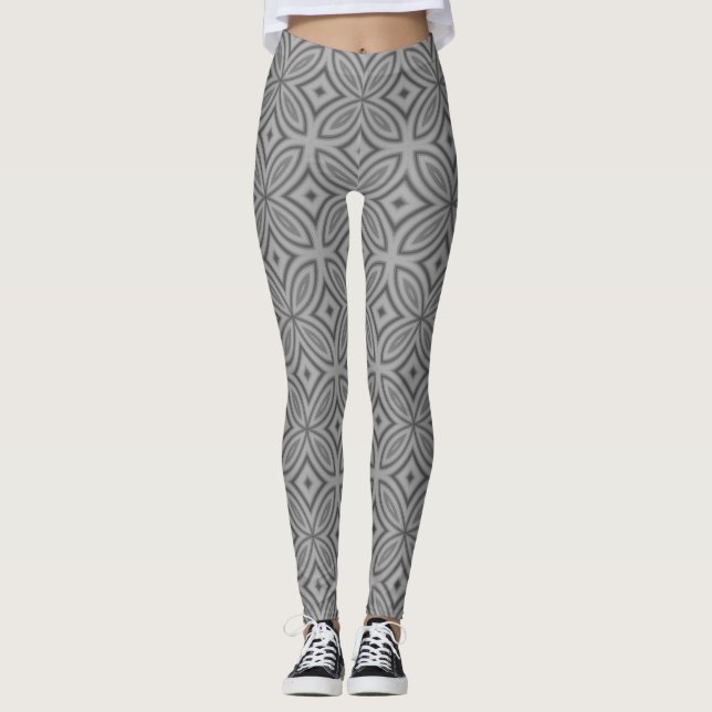 Grey retro geometric abstract pattern leggings (Front)