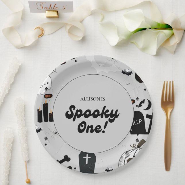 Grey Retro Grooy Spooky One Halloween 1st Birthday Paper Plate (Wedding)