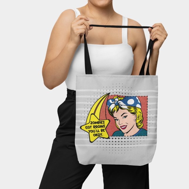 Grey Retro Pop Art 50s Housewife Funny Phrase Tote Bag (Creator Uploaded)