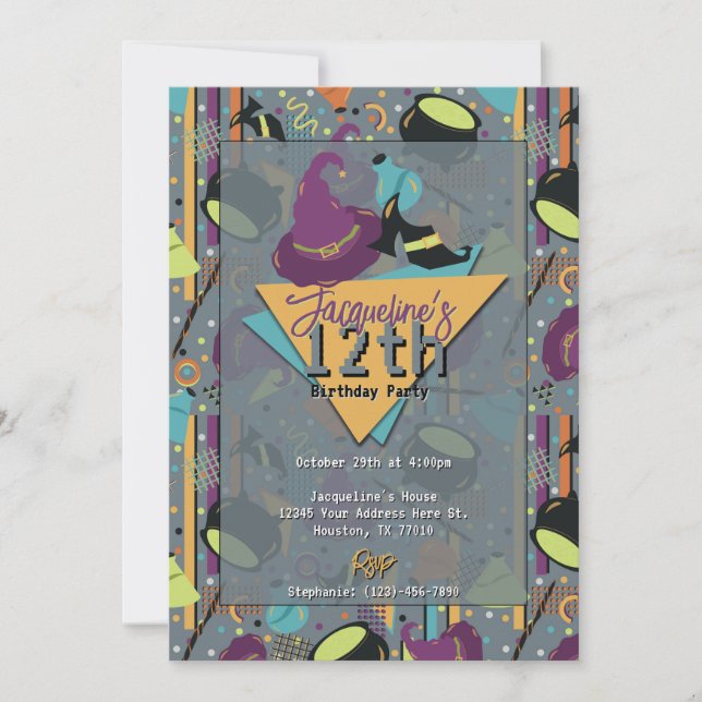 Grey Retro Witchy Halloween Birthday Invitation (Front)