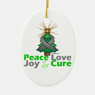 Grey Ribbon Christmas Peace Love, Joy & Cure Ceramic Tree Decoration