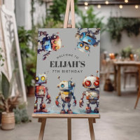 Grey Robots Tech Gear Builder Birthday Party Sign
