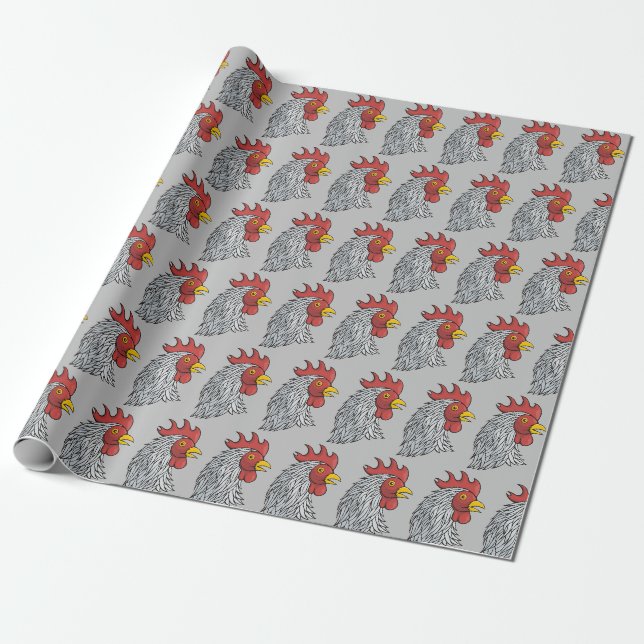 Grey Rooster's Head Wrapping Paper (Unrolled)