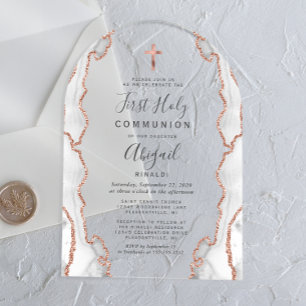 Grey Rose Gold Agate Arch First Communion Acrylic Invitations
