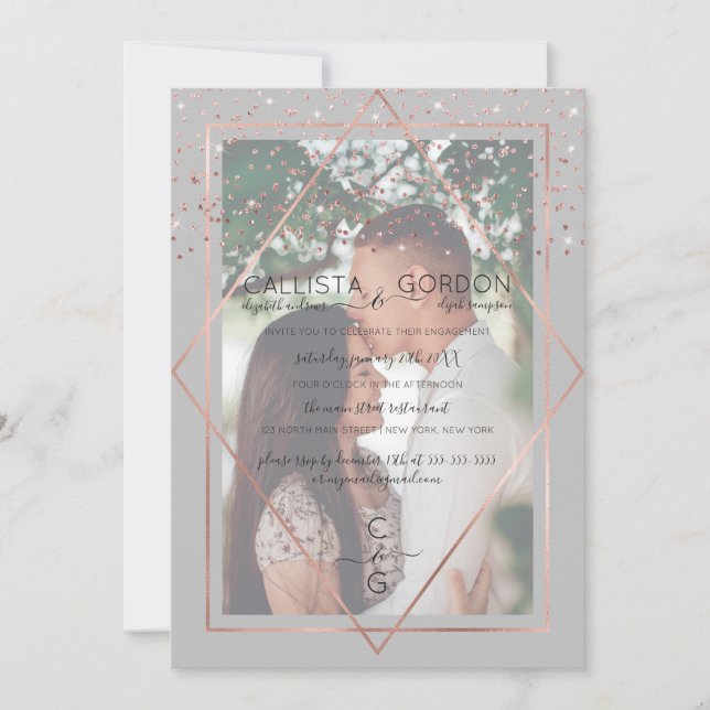 Grey Rose Gold Confetti Border Photo Engagement Invitation (Front)