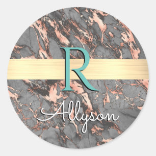 Grey & Rose Gold Marble, Gold Bar, Name & Monogram Classic Round Sticker