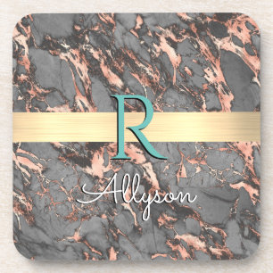 Grey & Rose Gold Marble, Gold Bar, Name & Monogram Coaster